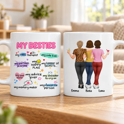 Personalized Mug, Friends Arm in Arm with Playful Pink Sayings, Unique Creative Gift for Close Friends