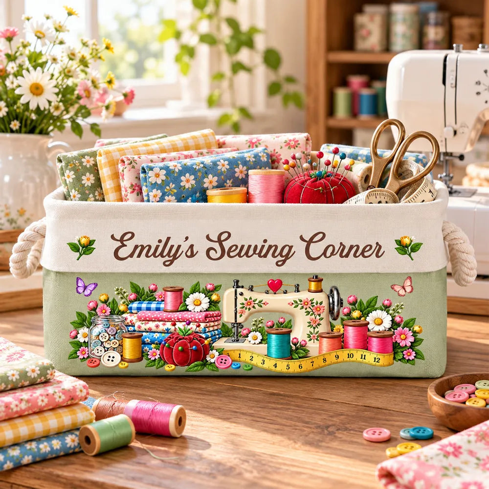 Personalized Cotton Linen Rope Basket, Floral Sewing Design, Unique Gift for Sewers and Crafters