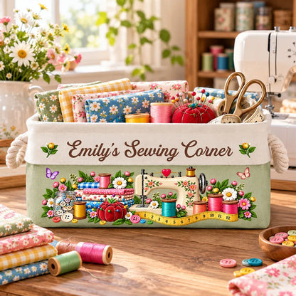 Personalized Cotton Linen Rope Basket, Floral Sewing Design, Unique Gift for Sewers and Crafters