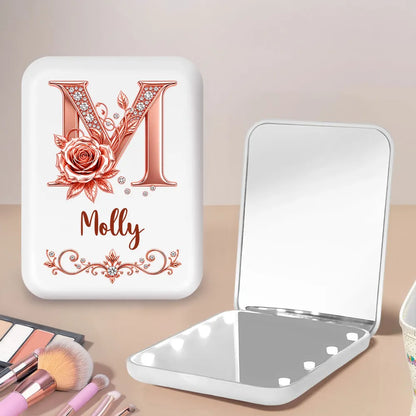 Personalized LED Pocket Mirror, Floral Design for Makeup Touch-Ups at a Sunny Cafe, Unique Gift for Her