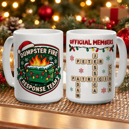 Personalized Mug with Funny Dumpster Fire Team Design, Red and Green Christmas Gift for Coworkers