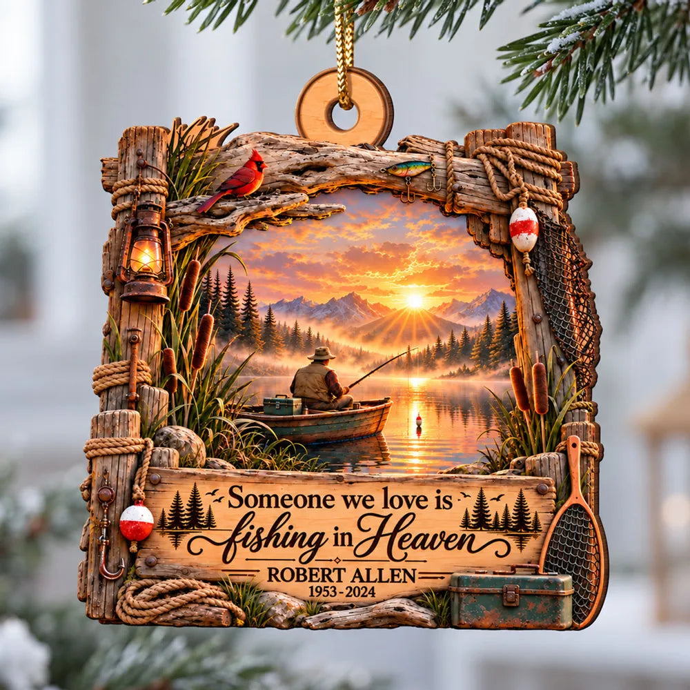 Personalized Wooden Ornament, Sunset Fishing Memorial Scene, Unique Sympathy Gift for Family