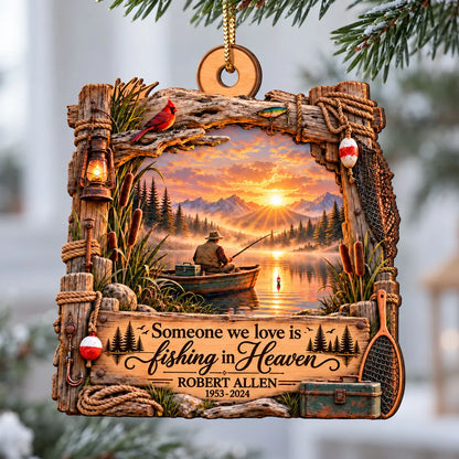 Personalized Wooden Ornament, Sunset Fishing Memorial Scene, Unique Sympathy Gift for Family
