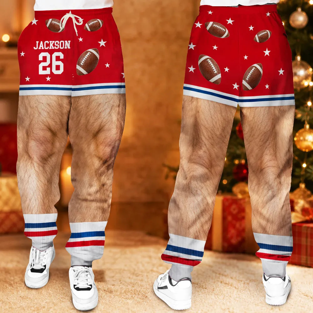Personalized Men's Sweatpants, Funny Football and Hairy Leg Illusion, Unique Gift for Sports Fans