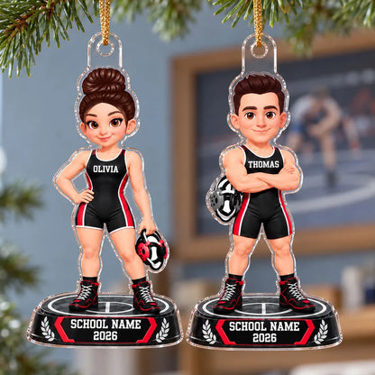 Personalized Acrylic Ornament, Black and Red Cartoon Wrestler Holding Headgear, Unique Christmas Gift for Grandchildren