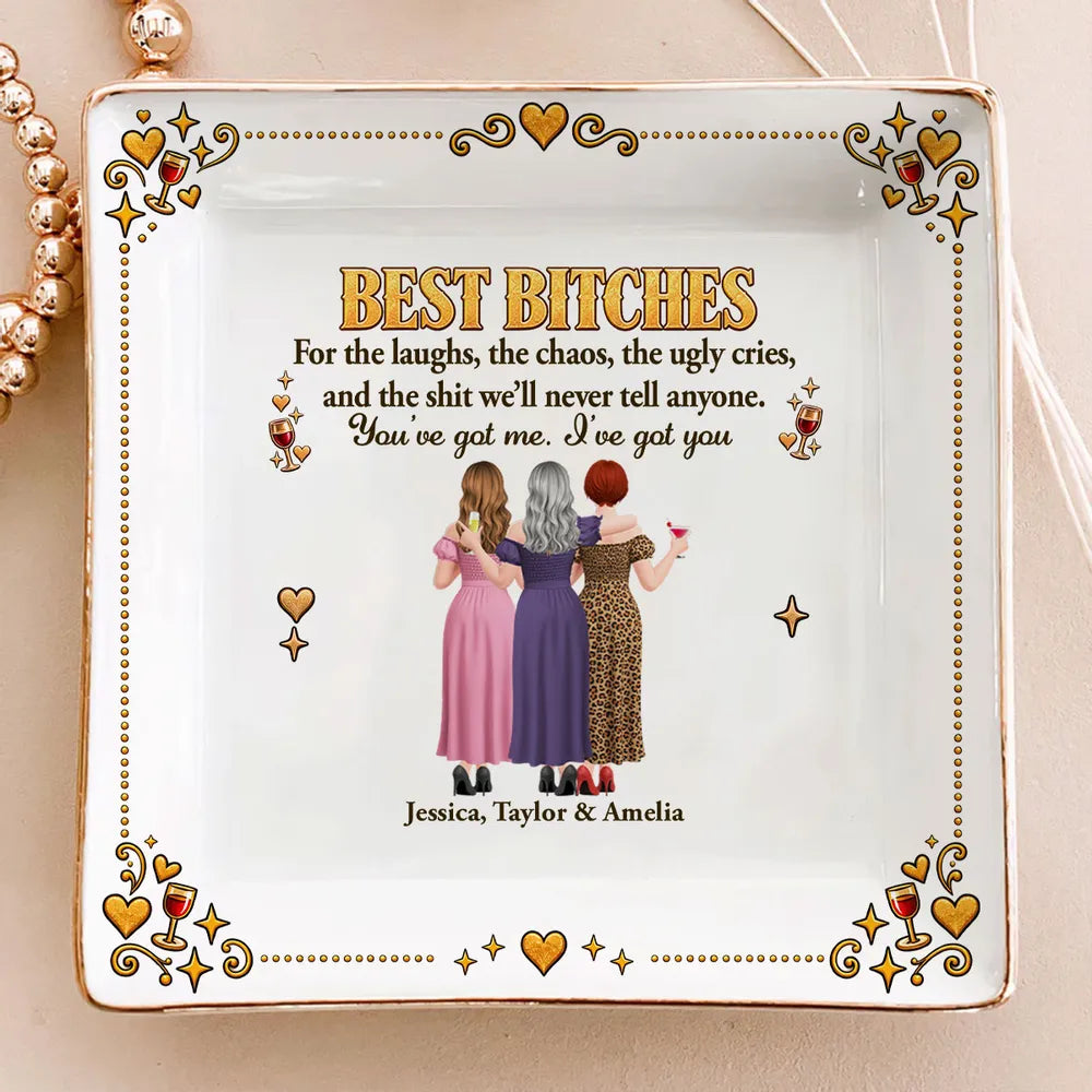 Personalized Jewelry Dish, Arm in Arm Friends with Wine, Gold Accent Unique Gift for Close Friends