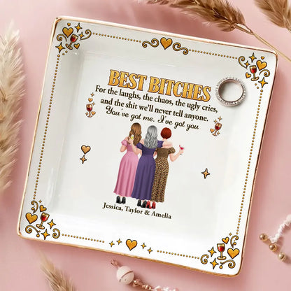 Personalized Jewelry Dish, Arm in Arm Friends with Wine, Gold Accent Unique Gift for Close Friends