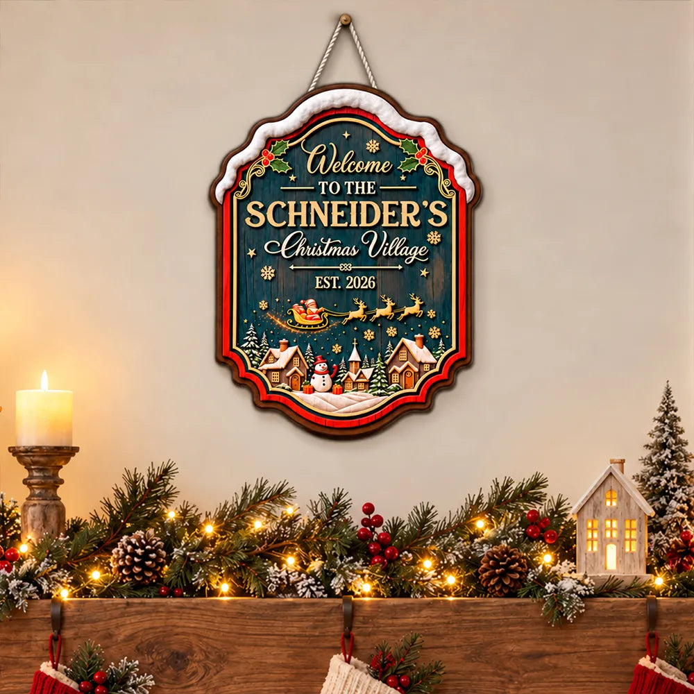 Personalized Wooden Sign with Vintage Christmas Village, Teal Red & Gold Door Decor, Unique Gift for Family