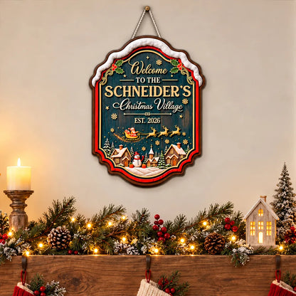 Personalized Wooden Sign with Vintage Christmas Village, Teal Red & Gold Door Decor, Unique Gift for Family