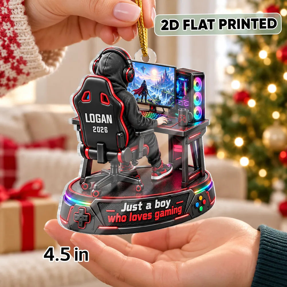Personalized Acrylic Ornament, Boy Gaming in a Colorful Fantasy Scene, Creative Keepsake Gift for Son or Grandson