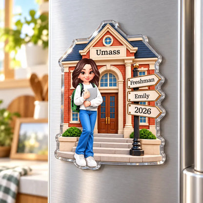 Personalized Acrylic Magnet, Student Holding a Notebook at Campus, Unique Freshman Gift