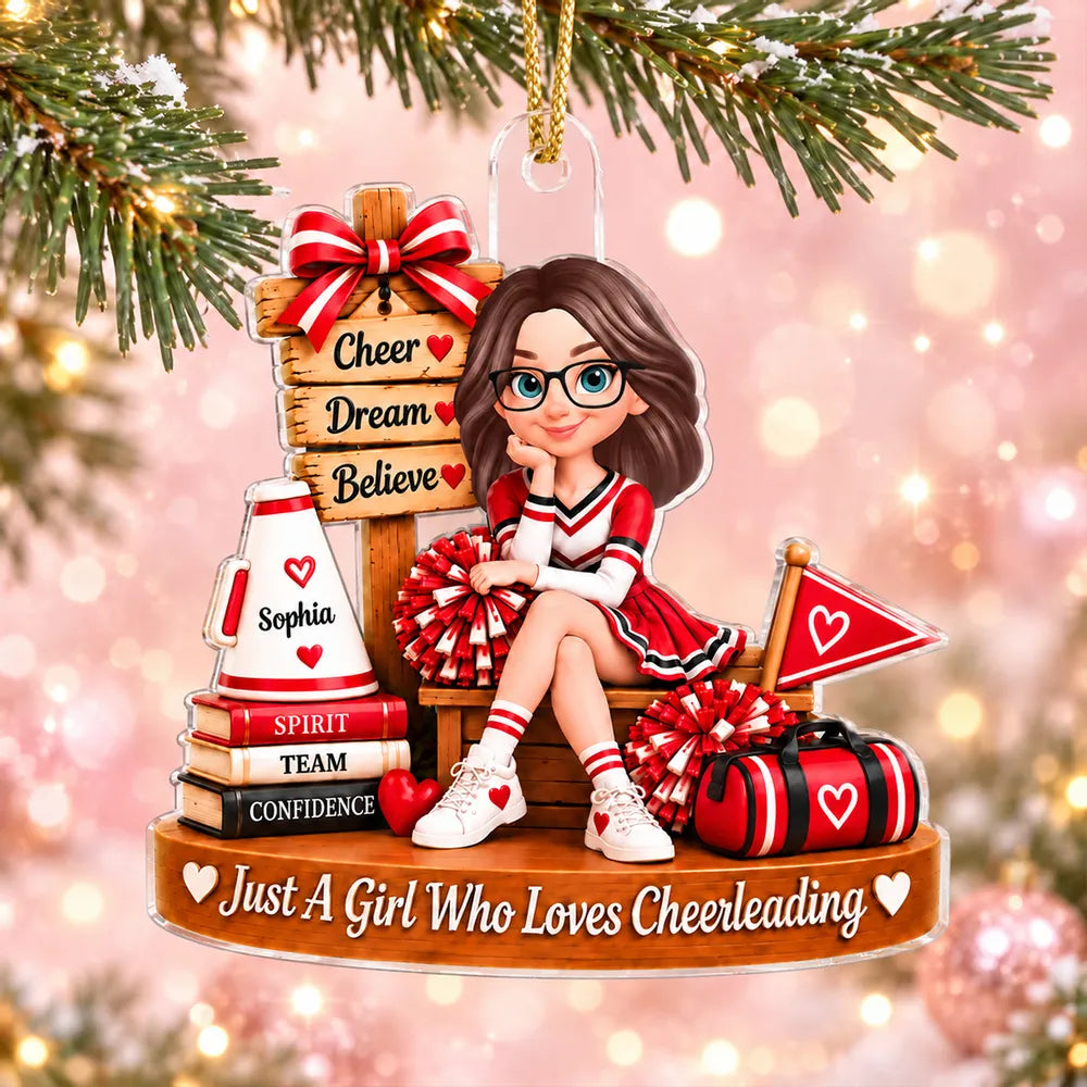Personalized Acrylic Ornament, Seated Cheerleader with Pom-Poms, Unique Christmas Gift for Daughter
