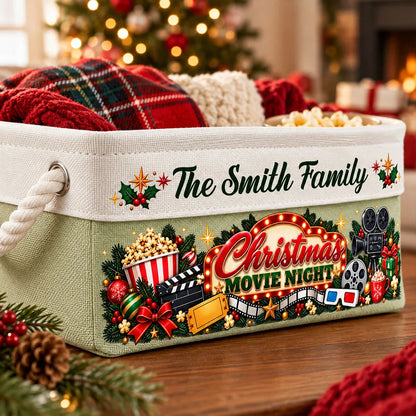 Personalized Rope Basket, Family Watching a Christmas Movie in a Cozy Living Room, Unique Gift