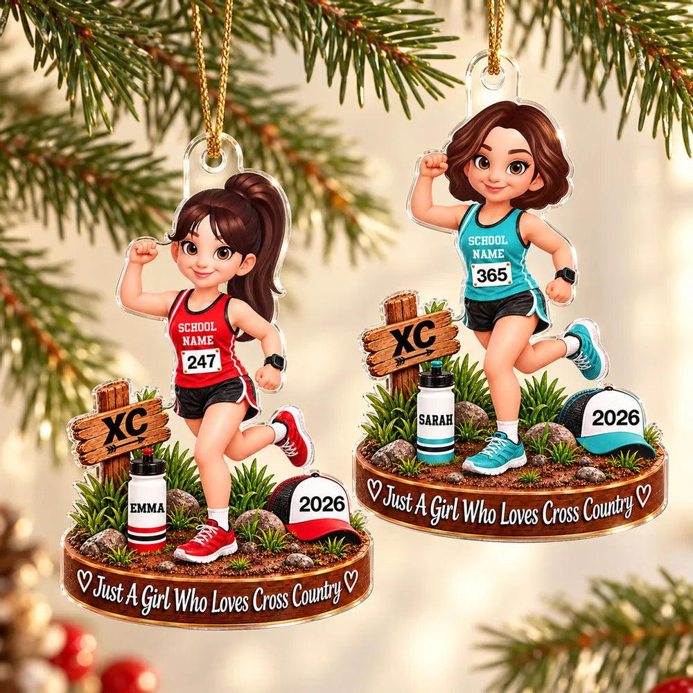 Personalized Acrylic Ornament, Colorful Cartoon Cross-Country Runner on a Trail, Unique Christmas Gift for Daughter