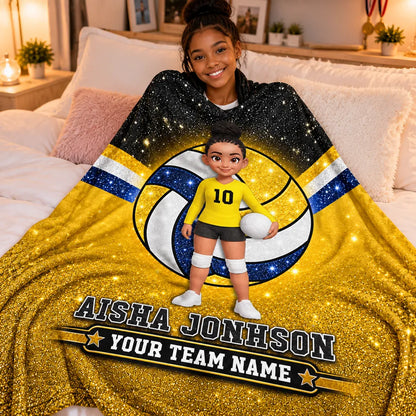Personalized Fleece Blanket, Cartoon Volleyball Player Holding a Ball, Red Glitter-Look Style, Unique Player Gift