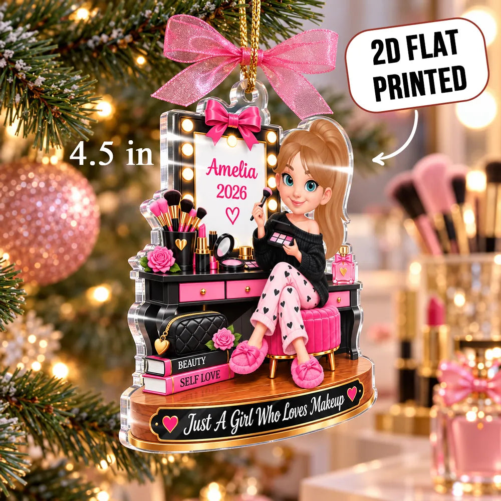 Personalized Acrylic Ornament, Girl Applying Makeup at a Pink Vanity, Unique Christmas Gift for a Daughter
