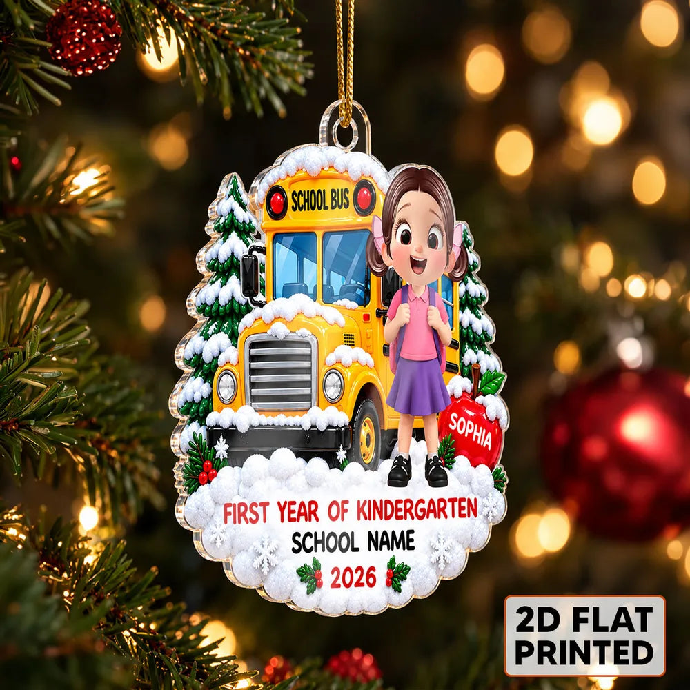 Personalized Acrylic Ornament, Child by Snowy School Bus, Unique Christmas Gift for Kindergarten Kids