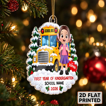 Personalized Acrylic Ornament, Child by Snowy School Bus, Unique Christmas Gift for Kindergarten Kids
