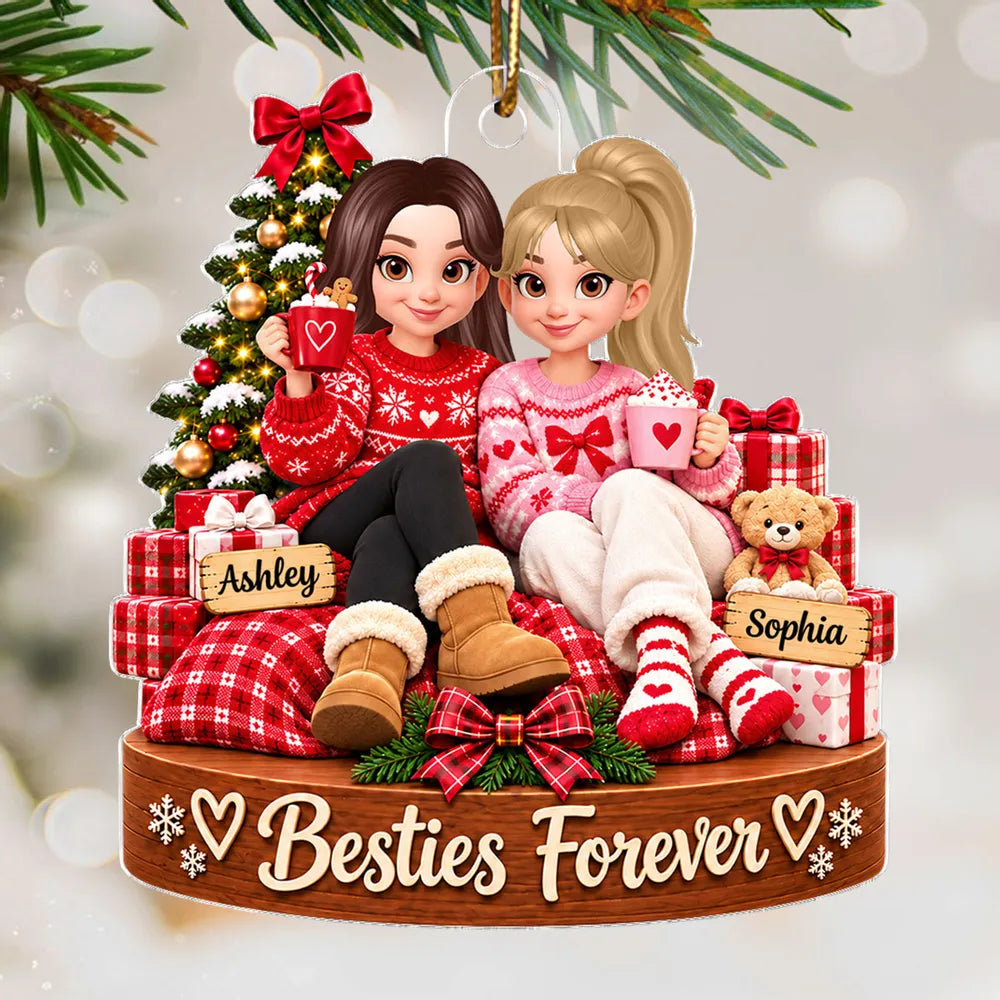 Personalized Acrylic Ornament, Friends Holding Mugs by a Christmas Tree, Unique Red Cartoon Gift for a Close Friend