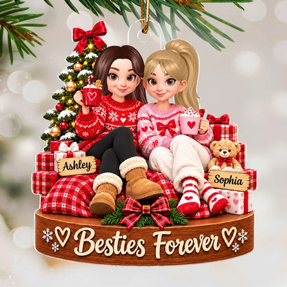 Personalized Acrylic Ornament, Friends Holding Mugs by a Christmas Tree, Unique Red Cartoon Gift for a Close Friend