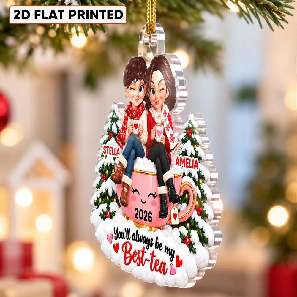 Personalized Acrylic Ornament, Friends Sharing Tea, Heartwarming Christmas Keepsake and Creative Gift for a Close Friend