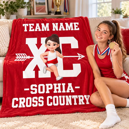 Personalized Cross Country Fleece Blanket, Red Cartoon Runner Design, Unique Gift for Runners