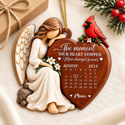 Personalized Wooden Ornament with Seated Angel and Cardinal, Unique Memorial Gift Honoring Mom