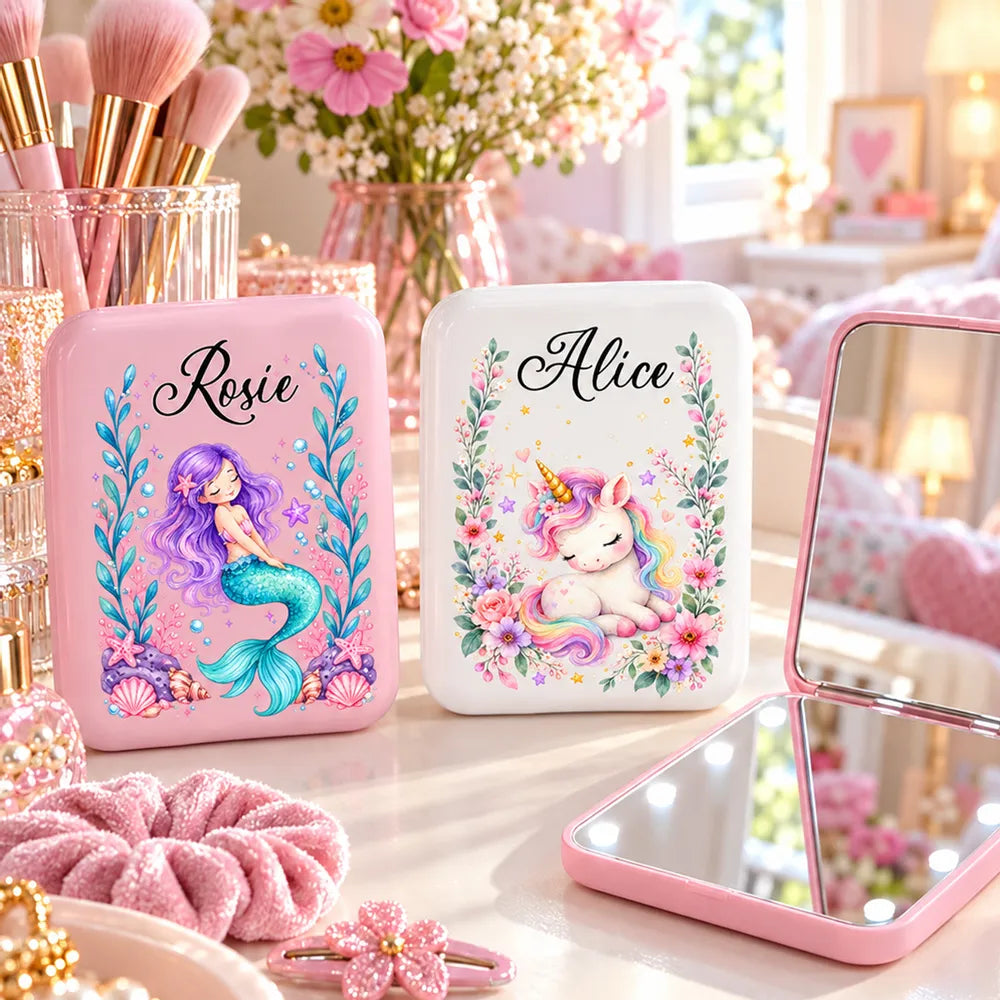 Personalized LED Pocket Mirror with Seated Mermaid and Resting Unicorn, Unique Gift for Girls