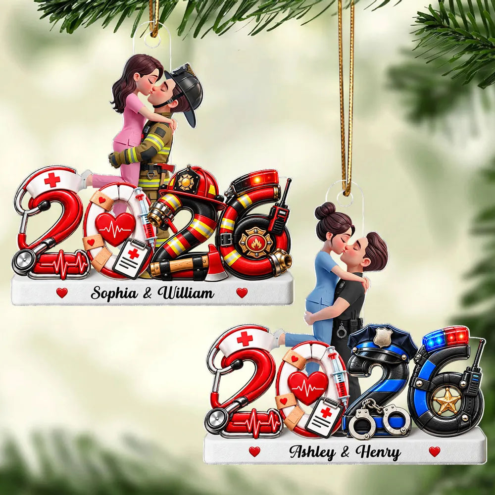 Personalized Acrylic Ornament, Red Illustrated Kissing Nurse & First Responder, Unique Christmas Gift for Couples