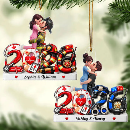 Personalized Acrylic Ornament, Red Illustrated Kissing Nurse & First Responder, Unique Christmas Gift for Couples