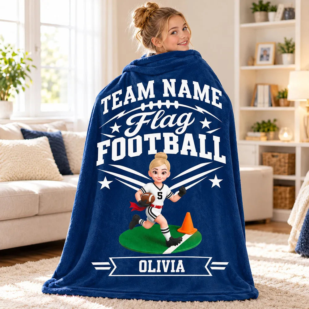 Personalized Flag Football Fleece Blanket, Running Player Design, Unique Gift for Young Athletes