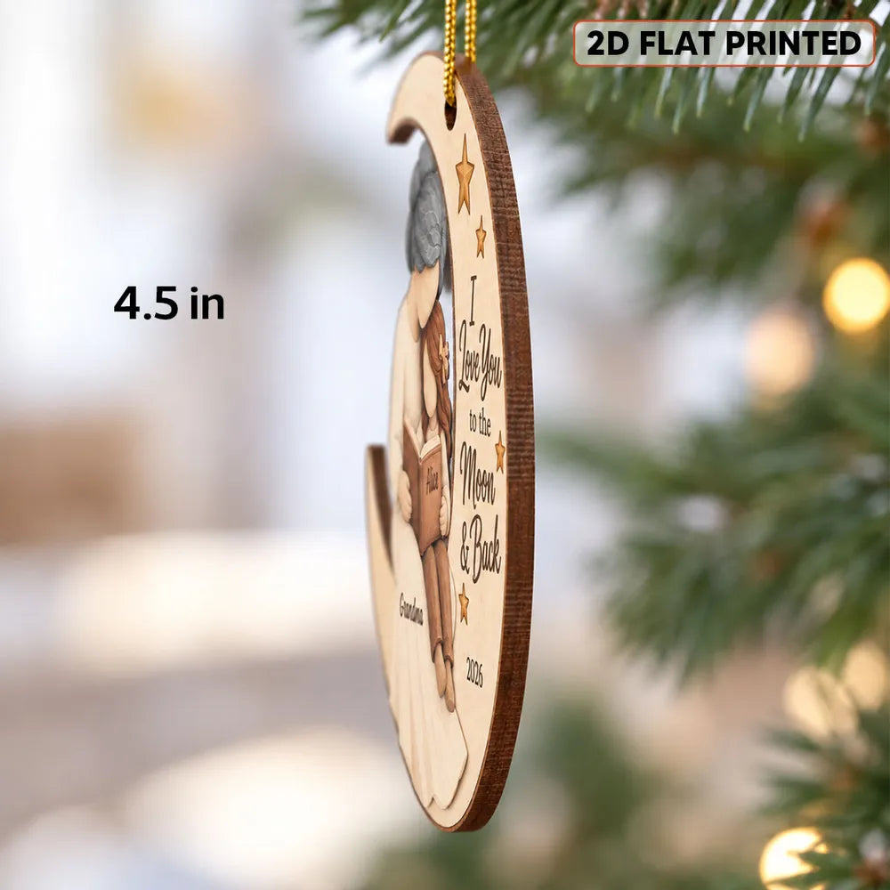 Personalized Wooden Ornament, Grandma & Grandchild Reading on Moon, Unique Christmas Gift for Grandkids