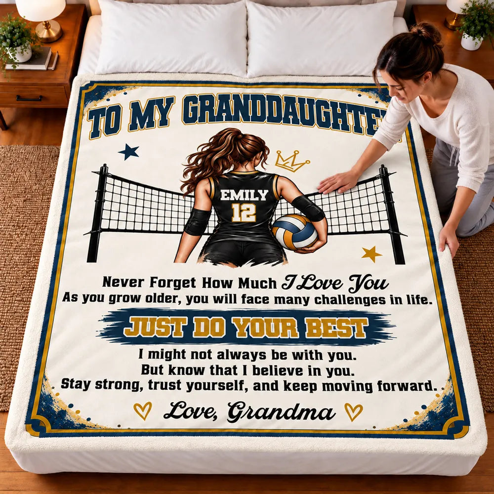 Personalized Fleece Blanket, Navy and Gold Volleyball Player by Net, Unique Gift for Granddaughter