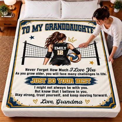 Personalized Fleece Blanket, Navy and Gold Volleyball Player by Net, Unique Gift for Granddaughter