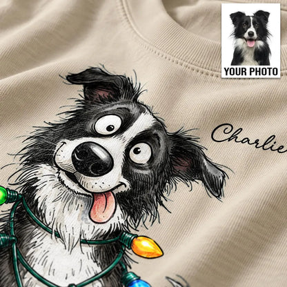 Personalized Classic Tee with Quirky Dog Portrait Tangled in Christmas Lights, Unique Gift for Dog Lovers