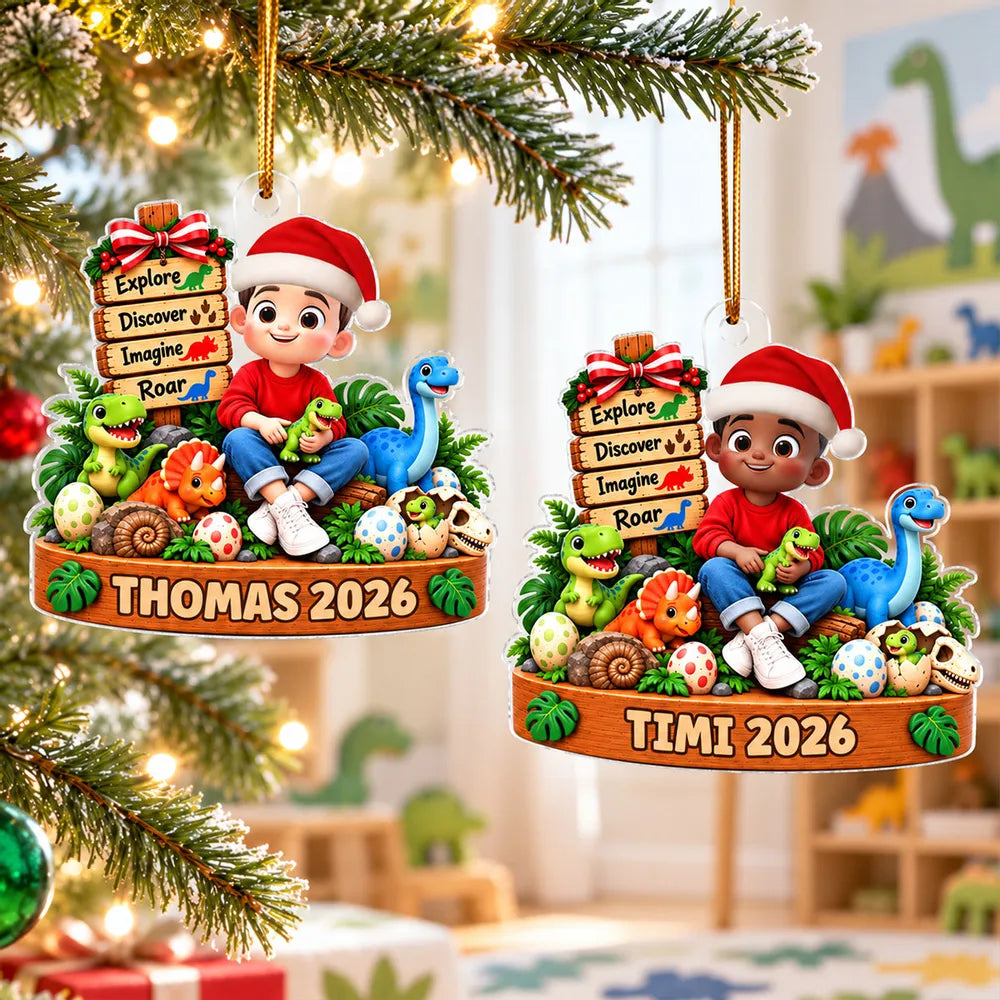 Personalized Acrylic Ornament, Sitting Child With Colorful Dinosaurs, Unique Christmas Gift for Young Fans
