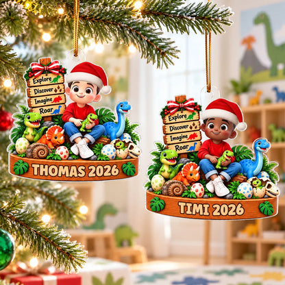 Personalized Acrylic Ornament, Sitting Child With Colorful Dinosaurs, Unique Christmas Gift for Young Fans
