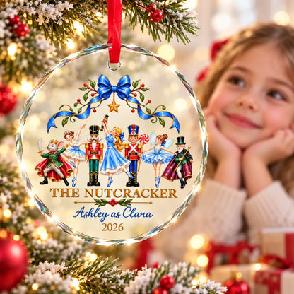 Personalized Nutcracker Crystal Ornament, Ballet Dancers Beneath a Blue Bow, Unique Christmas Gift for Dancers