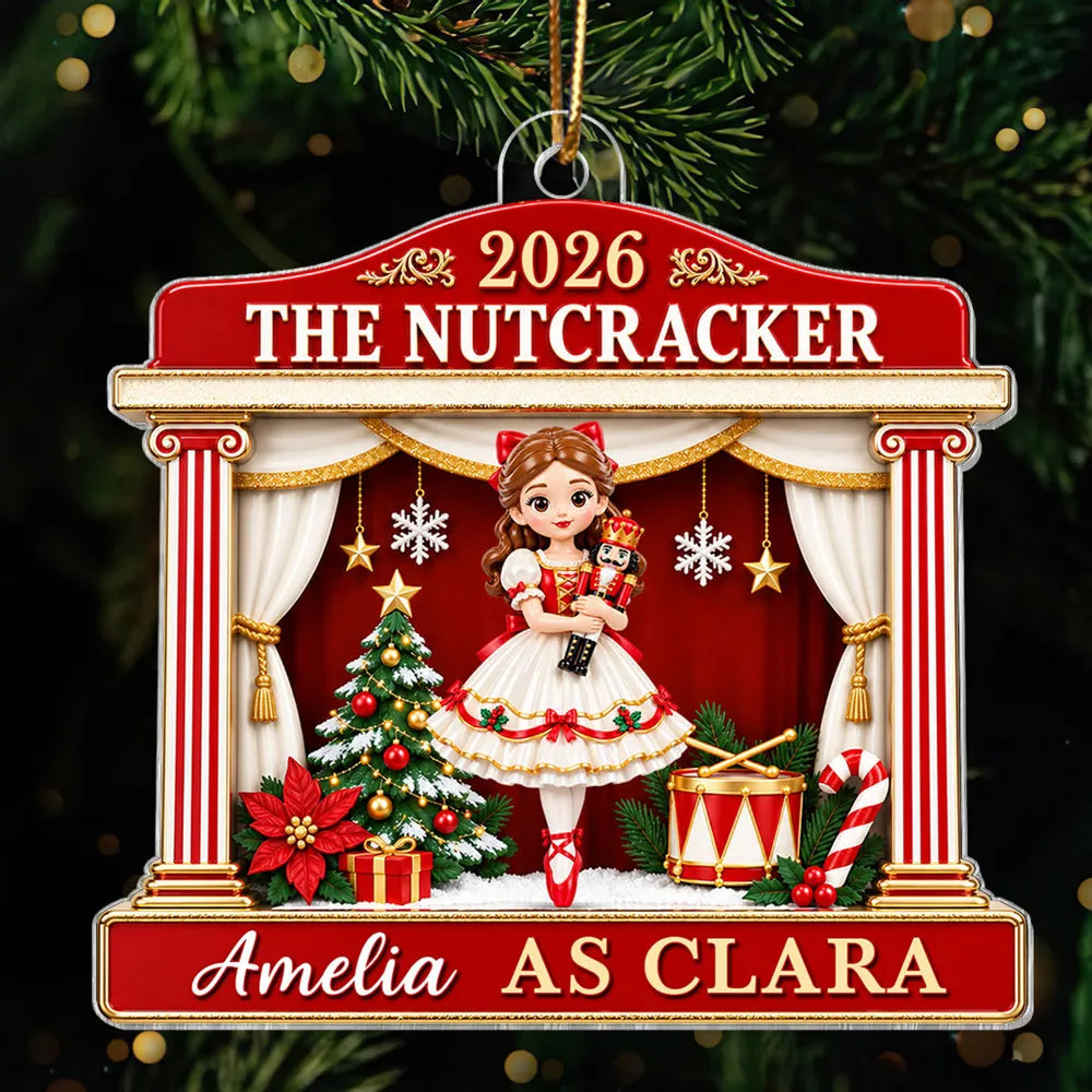 Personalized Acrylic Ornament, Red and Gold Nutcracker Ballerina on Stage, Unique Christmas Gift for Dancers