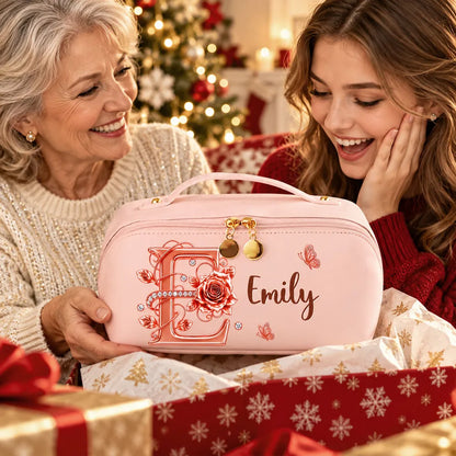 Personalized Leather Makeup Bag, Blush Rose and Butterfly Design, Unique Gift for Her