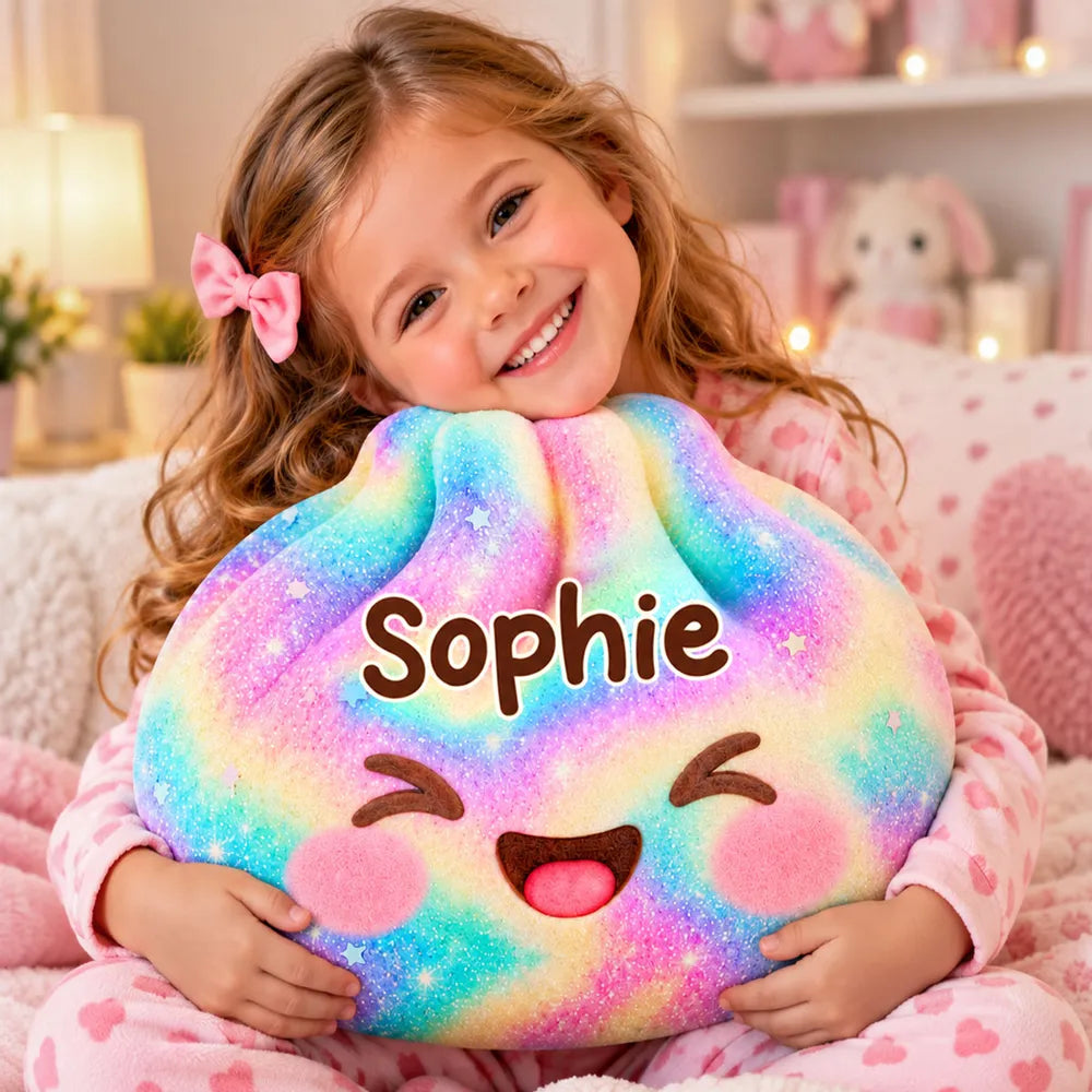 Personalized Rainbow Shaped Pillow, Cute Smiling Character Hugged by a Child, Unique Gift for Kids