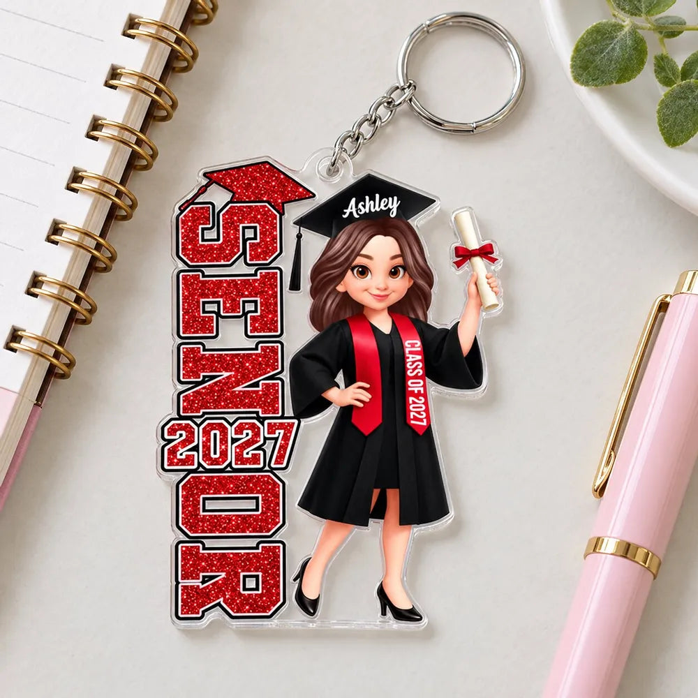 Personalized Acrylic Keychain, Red and Black Cartoon Graduate Holding Diploma, Unique Graduation Gift for Her