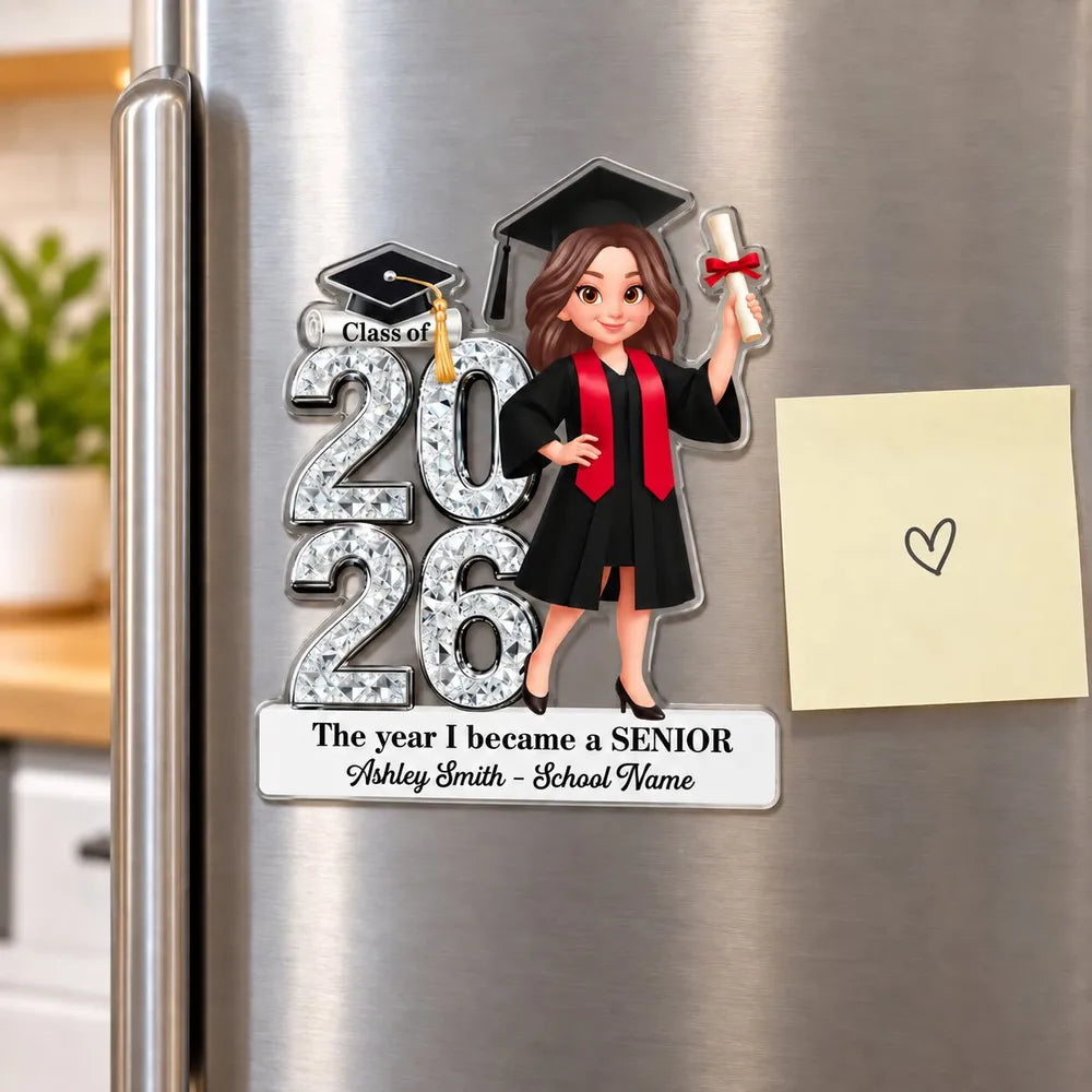 Personalized Acrylic Fridge Magnet, Cartoon Graduate Holding Diploma, Unique Gift for High School Senior