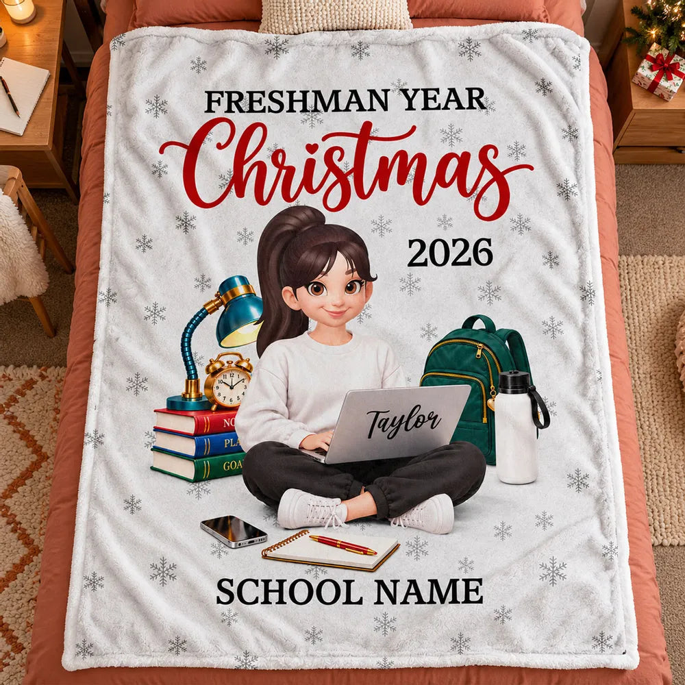 Personalized Fleece Blanket, Freshman Student Studying With Laptop, Unique Christmas Gift