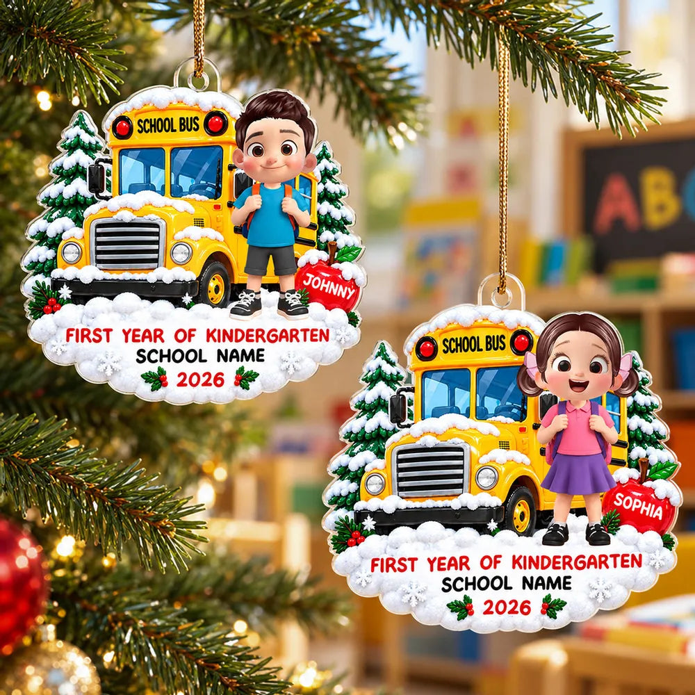 Personalized Acrylic Ornament, Child by Snowy School Bus, Unique Christmas Gift for Kindergarten Kids