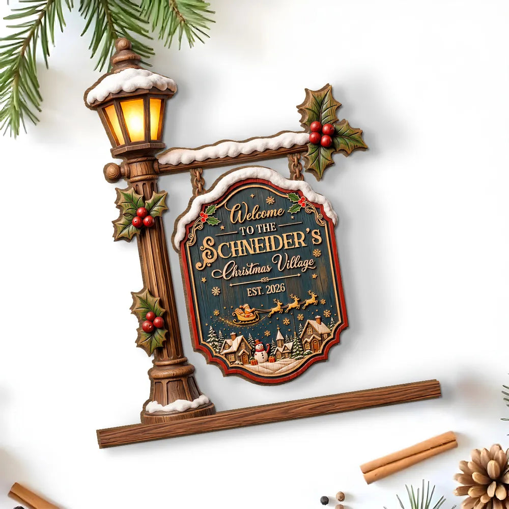 Personalized 2-Layer Wooden Plaque, Snowy Christmas Village, Unique Family Gift for Parents and Grandparents