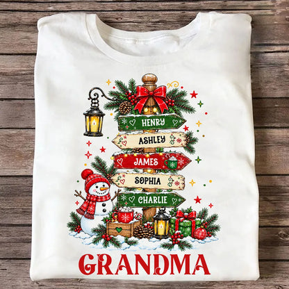 Personalized Grandma Classic Tee, Christmas Signpost Art in Festive Red & Green, Unique Gift for Grandma