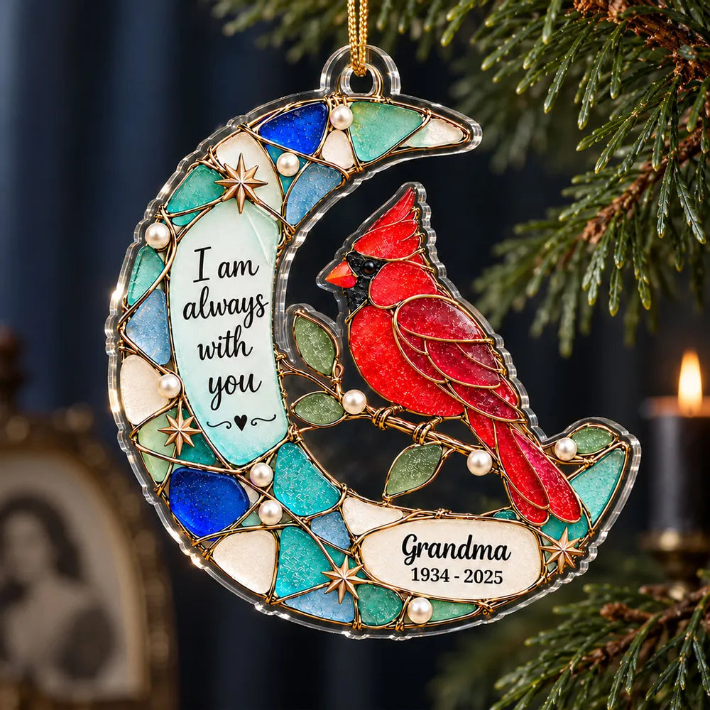 Always With You Moon & Cardinal Hummingbird Butterfly Symbol 2D Flat Printed - Personalized Acrylic Ornament - Memorial Sympathy Gift, Christmas Remembrance Keepsake