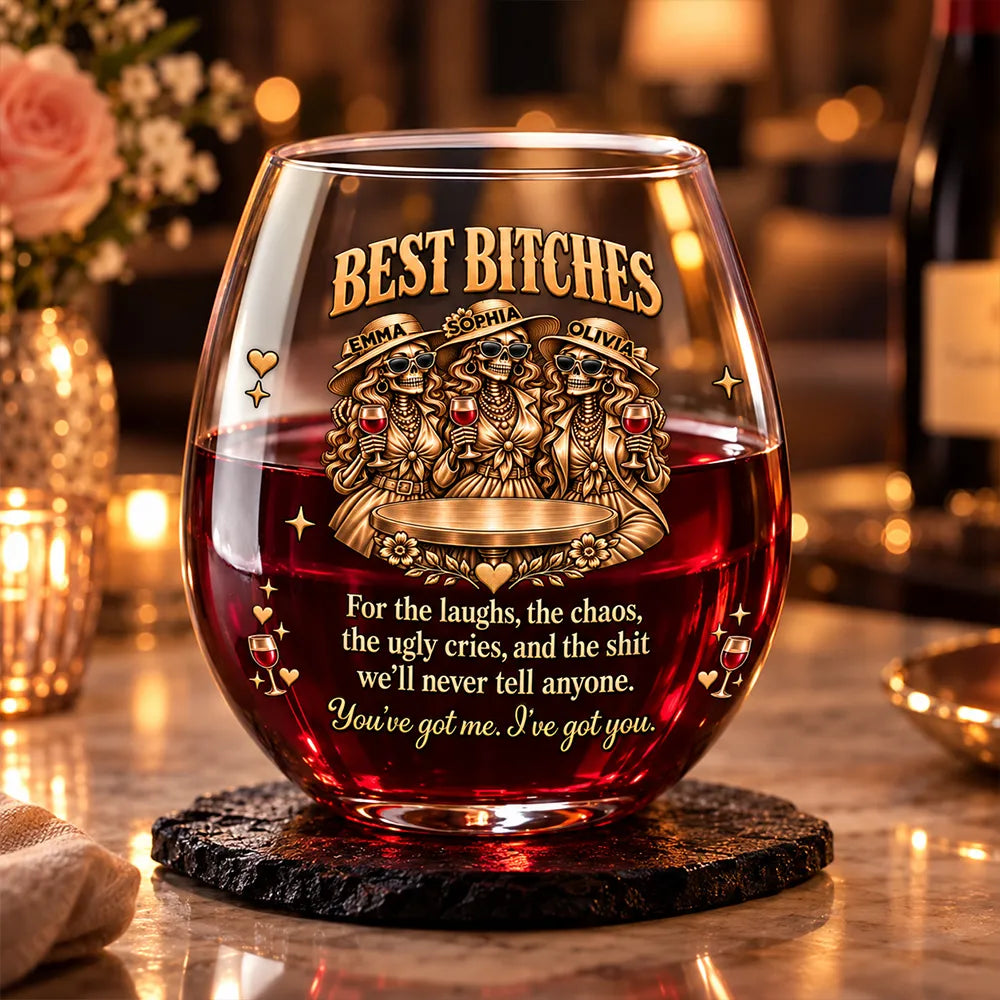 Personalized Whiskey Glass with Sassy Skeleton Friends Holding Drinks, Unique Gift for Close Friends