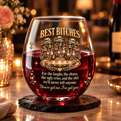 Personalized Whiskey Glass with Sassy Skeleton Friends Holding Drinks, Unique Gift for Close Friends